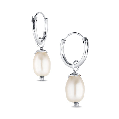 925 Sterling Silver Hoop Earrings Decorated with Freshwater Pearls