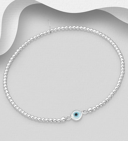 925 Sterling Silver Ball & Evil Eye Stretch  Bracelet With Coloured Enamel & Shell