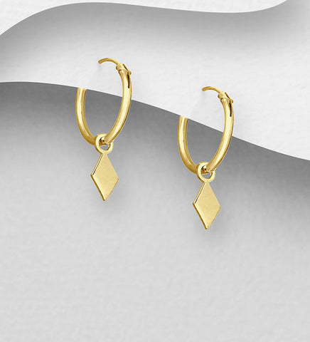 925 Sterling Silver Hoop Earrings with Rhombus Charm, Plated with 0.25 Micron 18K Yellow Gold