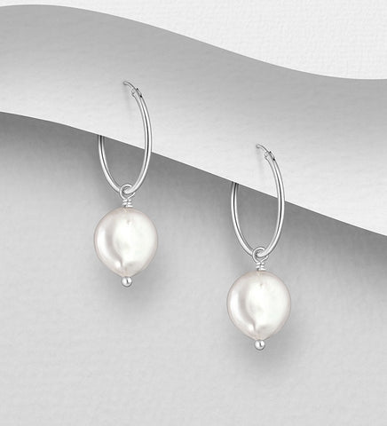 925 Sterling Silver Hoop Earrings Beaded with Freshwater Pearls