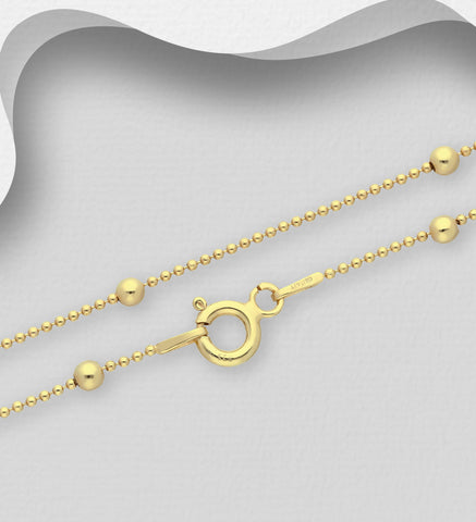 925 Sterling Silver Bead Chain Plated with 0.5 Micron 18K Yellow Gold