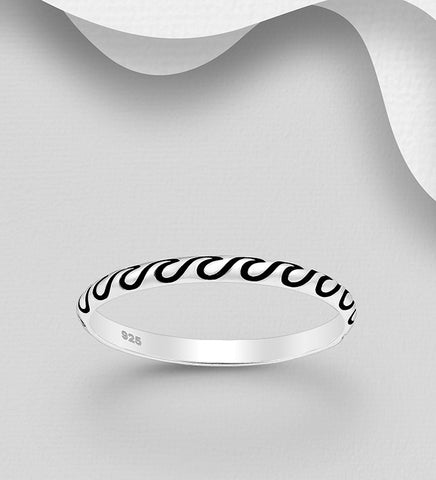 925 Sterling Silver Oxidized Wave Band Ring, 2 mm Wide