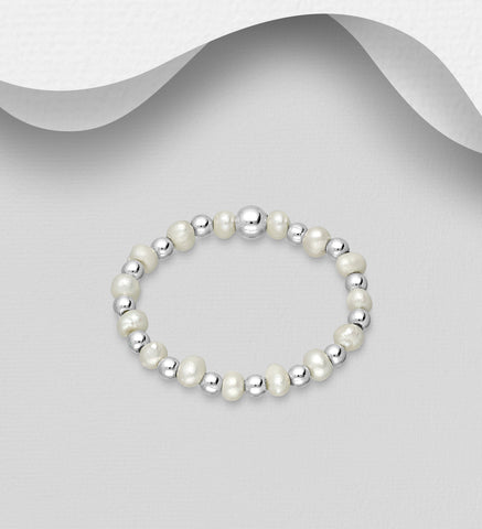 925 Sterling Silver Band Ring, Beaded with Freshwater Pearl