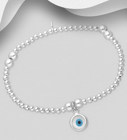 925 Sterling Silver Ball Bead Bracelet with Evil Eye, Decorated with Shell