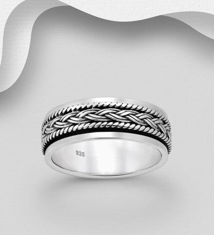 925 Sterling Silver Oxidized Weave Spin Band Ring, 7 mm Wide