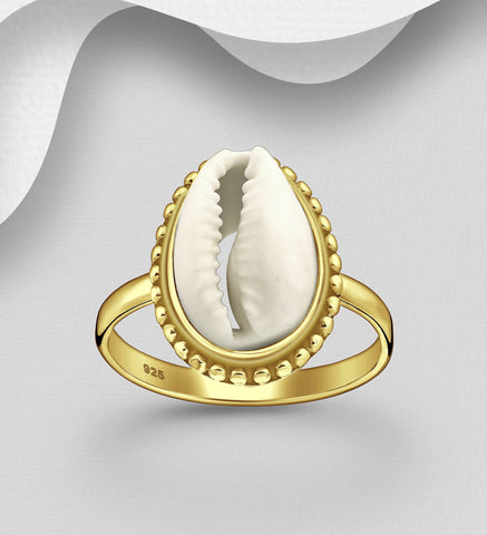 925 SS Cowrie Shell Ring 1 Micron 18K Yellow Gold