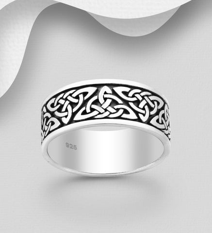 925 Sterling Silver Oxidised Celtic Band Ring, 8 mm Wide