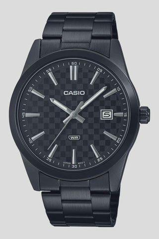 CASIO Gents Analog WR, Blk Checker Pattern Face Blk Plated Stainless Steels