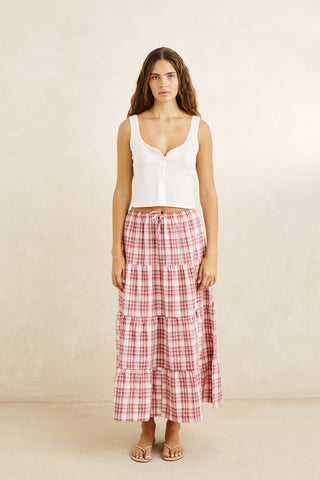 RHYTHM Chelsea Check Tiered Maxi Skirt - PLUM
