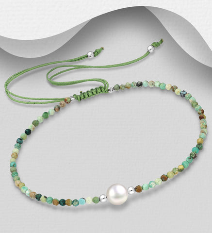 925 Sterling Silver Adjustable Bracelet, Beaded Freshwater Pearls, Gemstone & Silver Ball Beads