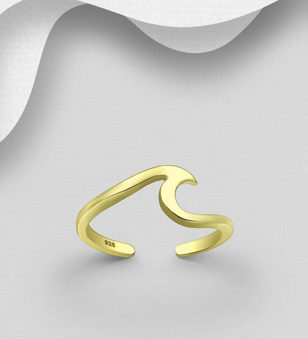 925 Sterling Silver Wave Toe Ring, Plated with 1 Micron 14K Yellow Gold