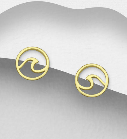 925 Sterling Silver Wave Push-Back Earrings, plated with 1 Micron 14K Yellow Gold