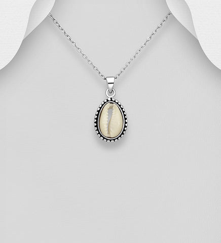 925 Sterling Silver Oxidized Oval Pendant, Decorated with Shell