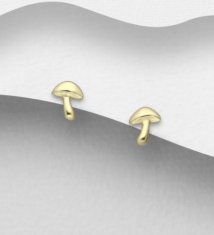 925 Sterling Silver Mushroom Push-Back Earrings and Plated with 0.5 Micron 9K Yellow Gold
