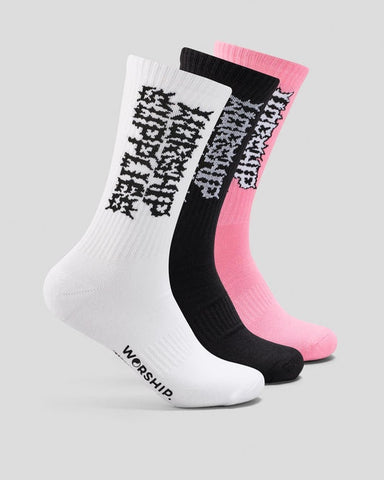 WORSHIP Pile Up Socks 3pk - FLAMINGO/WH/BLK