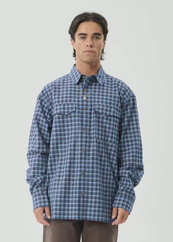 AFENDS Mountains Oversized Long Sleeve Shirt - NAVY CHECK
