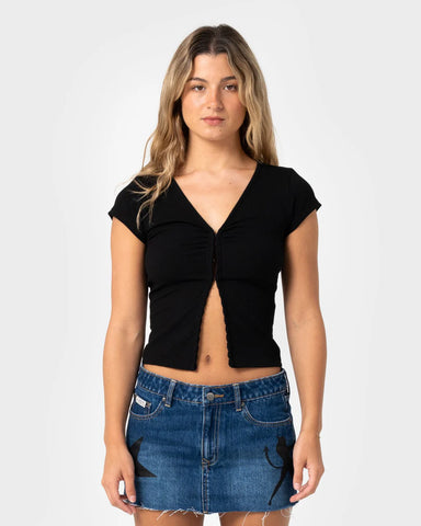 RUSTY I'm Hooked Cap Sleeve Fashion Top - BLACK