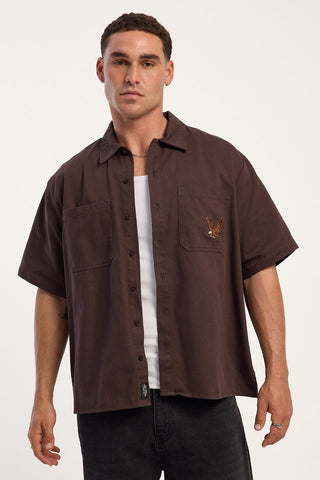 THRILLS Seen And Heard Cropped Short Sleeve Work Shirt - POSTAL BROWN