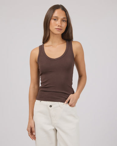 SILENT THEORY Luxe Rib Vee Tank - CHOCOLATE