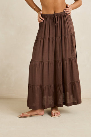 RHYTHM Classic Tiered Maxi Skirt - CHOCOLATE