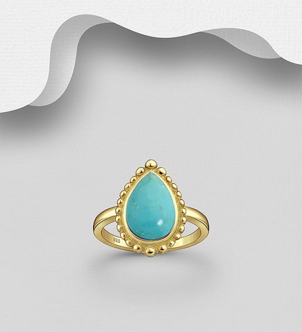925 Sterling Silver Ring, Decorated with Reconstructed Turquoise and Plated with 2.5 Micron 18K Yellow Gold