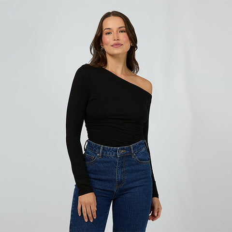 SILENT THEORY Evie Ruched Long Sleeve Top - BLACK