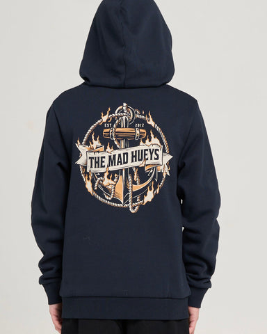 THE MAD HUEYS Flame Anchor Youth Hooded Pullover - NAVY
