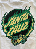 SANTA CRUZ Dice Flame Dot Strip Front Box Fit Tee - WHITE