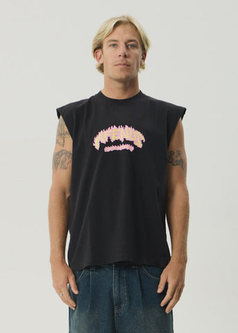 AFENDS Flame On Recycled Sleeveless Tee - STONE BLACK