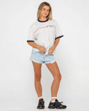 RUSTY Wave Rider 2.0 Ringer Oversize Tee - ECRU MARLE