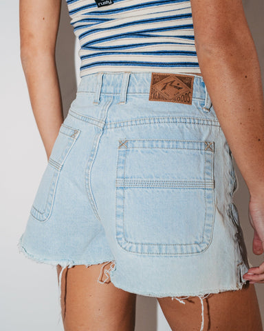 RUSTY Penny Kick Flare Denim Short - SKY BLUE HEATHER