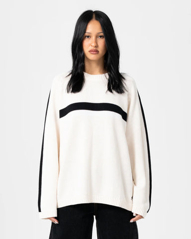 RUSTY White Lines Long Sleeve Crew Neck Knit - CREAM/BLACK