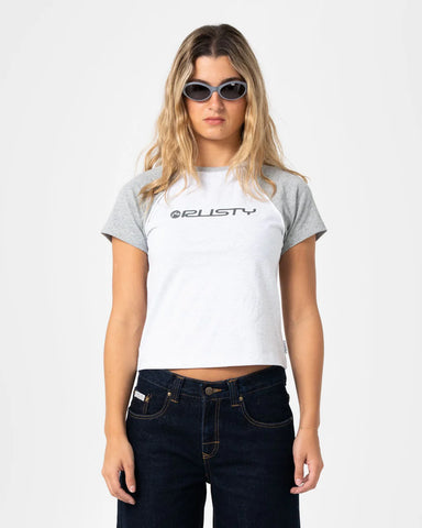 RUSTY Archived Raglan Baby Tee - ECRU MARLE/GREY