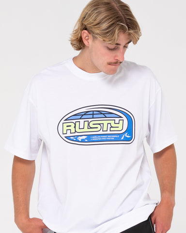 RUSTY Outta Here Short Sleeve Tee - WHITE/ROYAL BLUE
