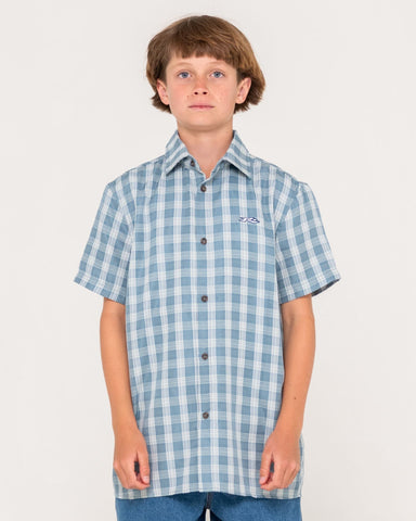 RUSTY Boys Datsun Check Short Sleeve Shirt - DOLPHIN BLUE