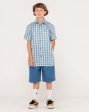 RUSTY Boys Datsun Check Short Sleeve Shirt - DOLPHIN BLUE