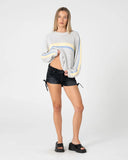 RUSTY White Lines Long Sleeve Crew Neck Knit - GREY MARLE/YELLOW