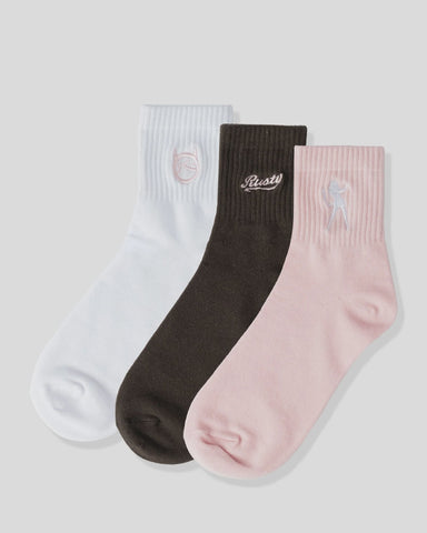 RUSTY Fancy Day Crew 3 - Sock Pack - PINK/BROWN/WHITE