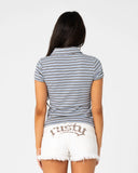 RUSTY Peta Stripe Polo Baby Tee - RETRO BLUE/YELLOW STRIPE