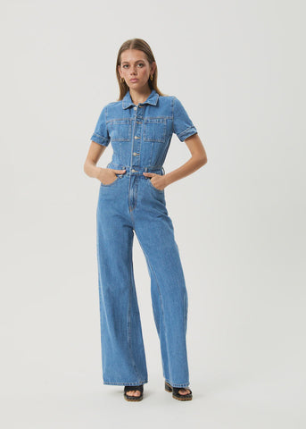 AFENDS Miami Denim Flared Leg Jumpsuit - WORN BLUE