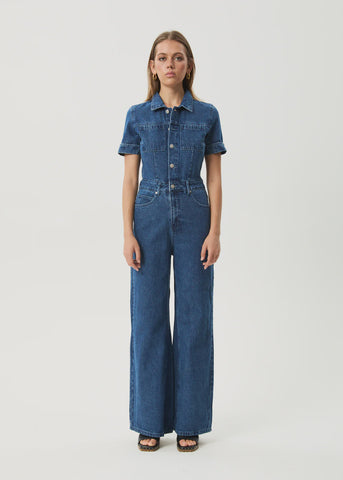 AFENDS Miami Denim Flared Leg Jumpsuit - AUTHENTIC BLUE