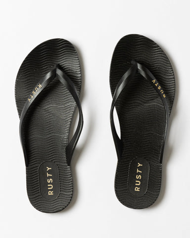 RUSTY Sandbar Ladies Thongs - BLACK/GOLD