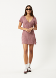 AFENDS Hemp Seersucker Mini Dress - BURGUNDY CHECK