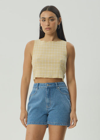 AFENDS  Sunday Hemp Seersucker Sleeveless Top - LEMON CHECK