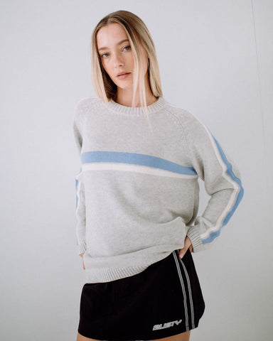 RUSTY White Lines Long Sleeve Crew Neck Knit - GREY MARLE/BLUE