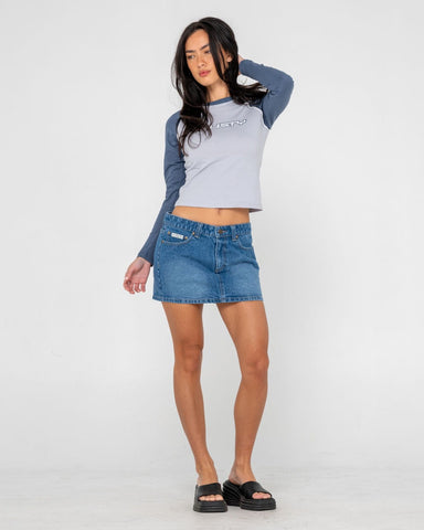 RUSTY Mavericks Low Rise Denim Mini Skirt -  BLASTED MIDDY BLUE
