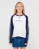 RUSTY Sporty R Raglan Long Sleeve Girls Tee - NAVY WHITE