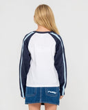 RUSTY Sporty R Raglan Long Sleeve Girls Tee - NAVY WHITE