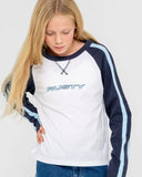 RUSTY Sporty R Raglan Long Sleeve Girls Tee - NAVY WHITE