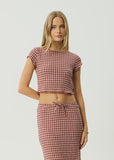 AFENDS Capricorn Hemp Seersucker Top - BURGUNDY/BEIGE CHECK